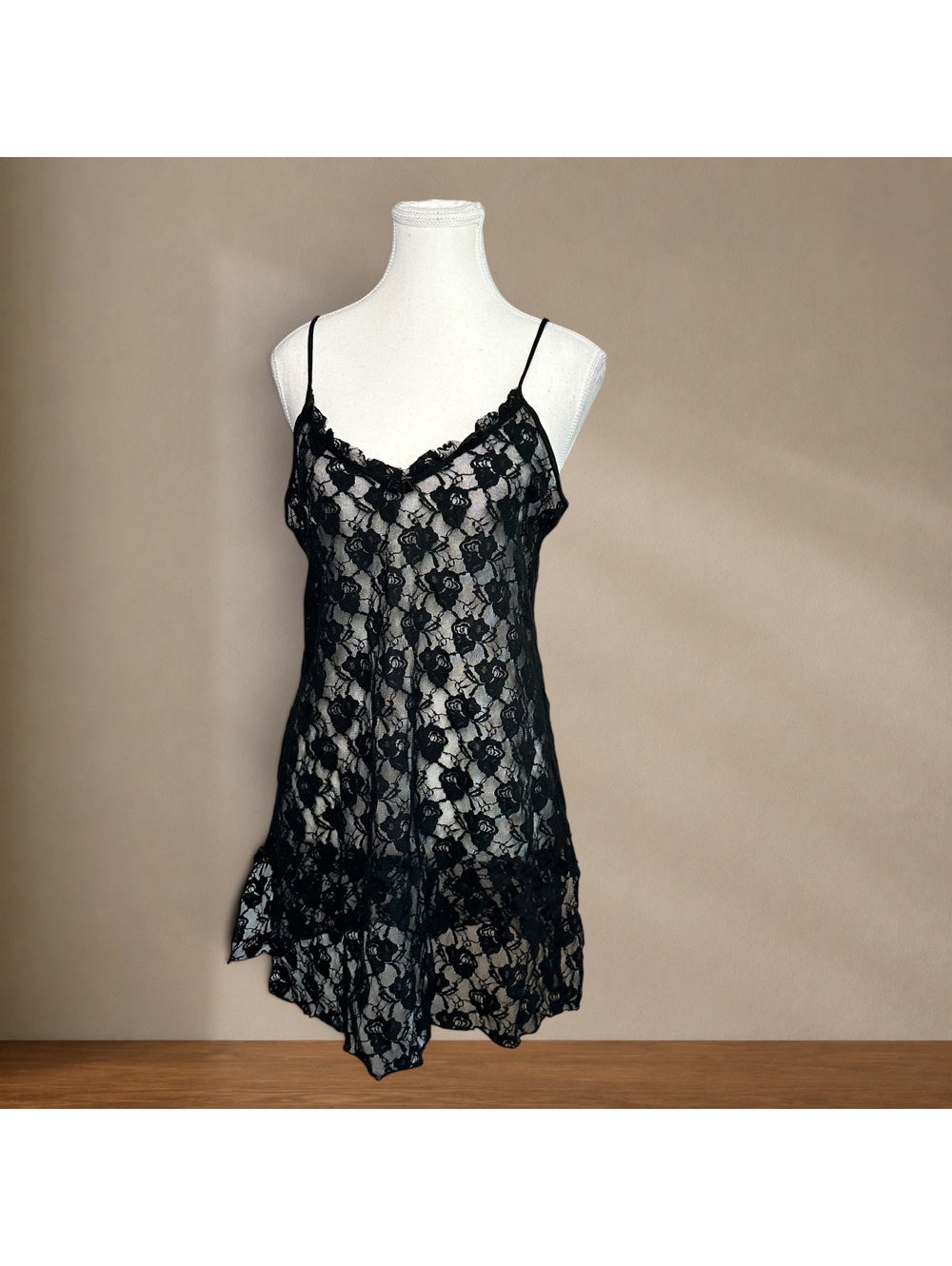 Y2K Black Sheer Floral Lace Slip Dress Coquette Fairy Grunge Goth Lingerie Mini
